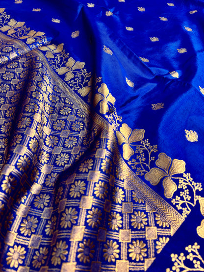 Royal blue Banarasi saree with floral zari border and kadwa motifs