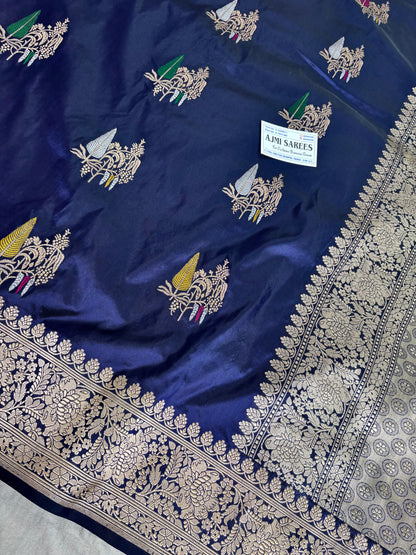 100% Pure Katan Silk Handloom Banarasi Saree in Navy Blue | All Over Kadwa Tilfi Boota Pure Katan Silk Banarasi Saree