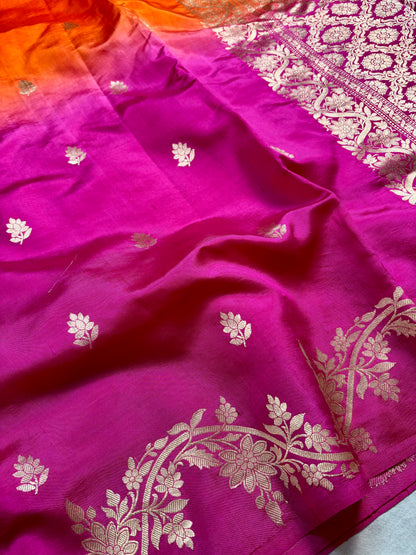 handloom banarasi silk saree meenakari motifs orange pink