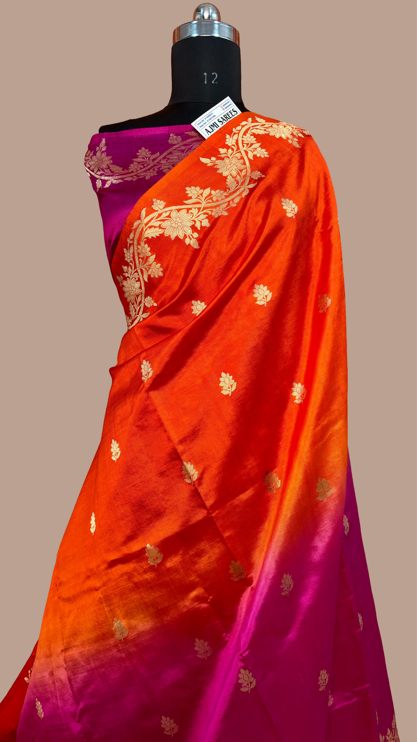 pure mango silk kadwa meenakari banarasi saree orange rani dual shade