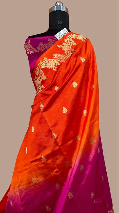 pure mango silk kadwa meenakari banarasi saree orange rani dual shade