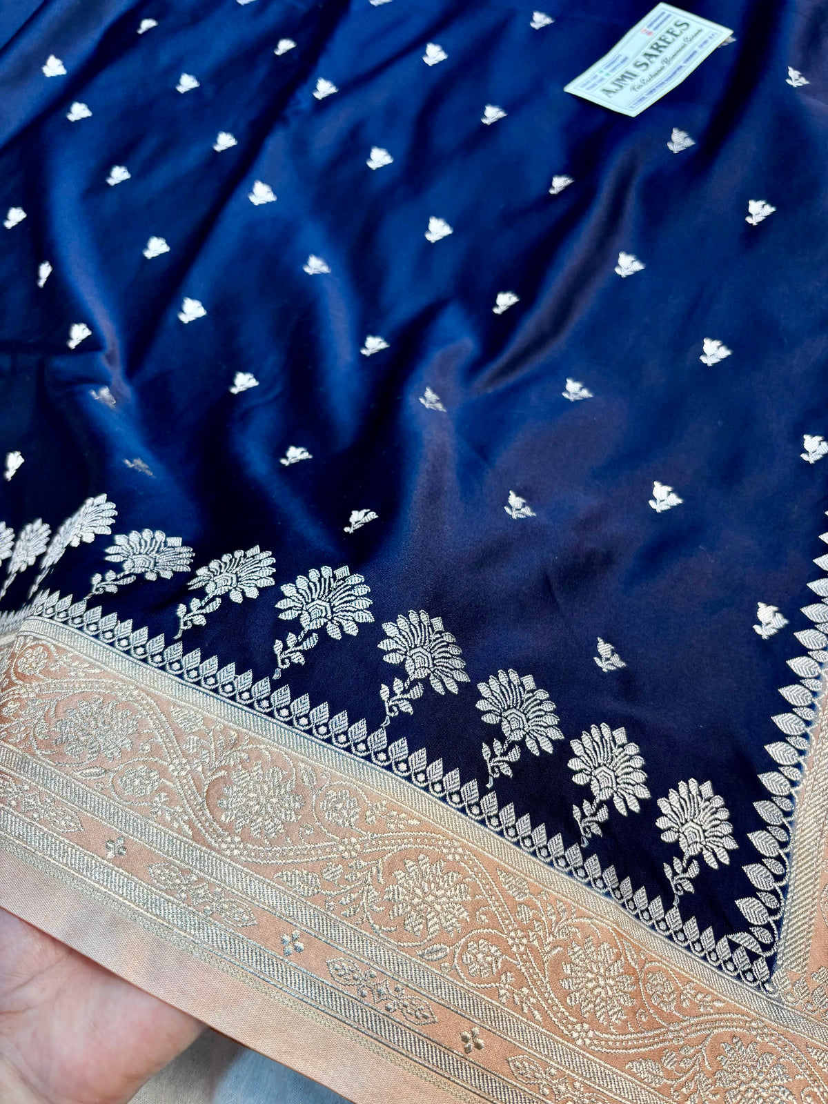 Navy blue wedding Banarasi saree with peach border