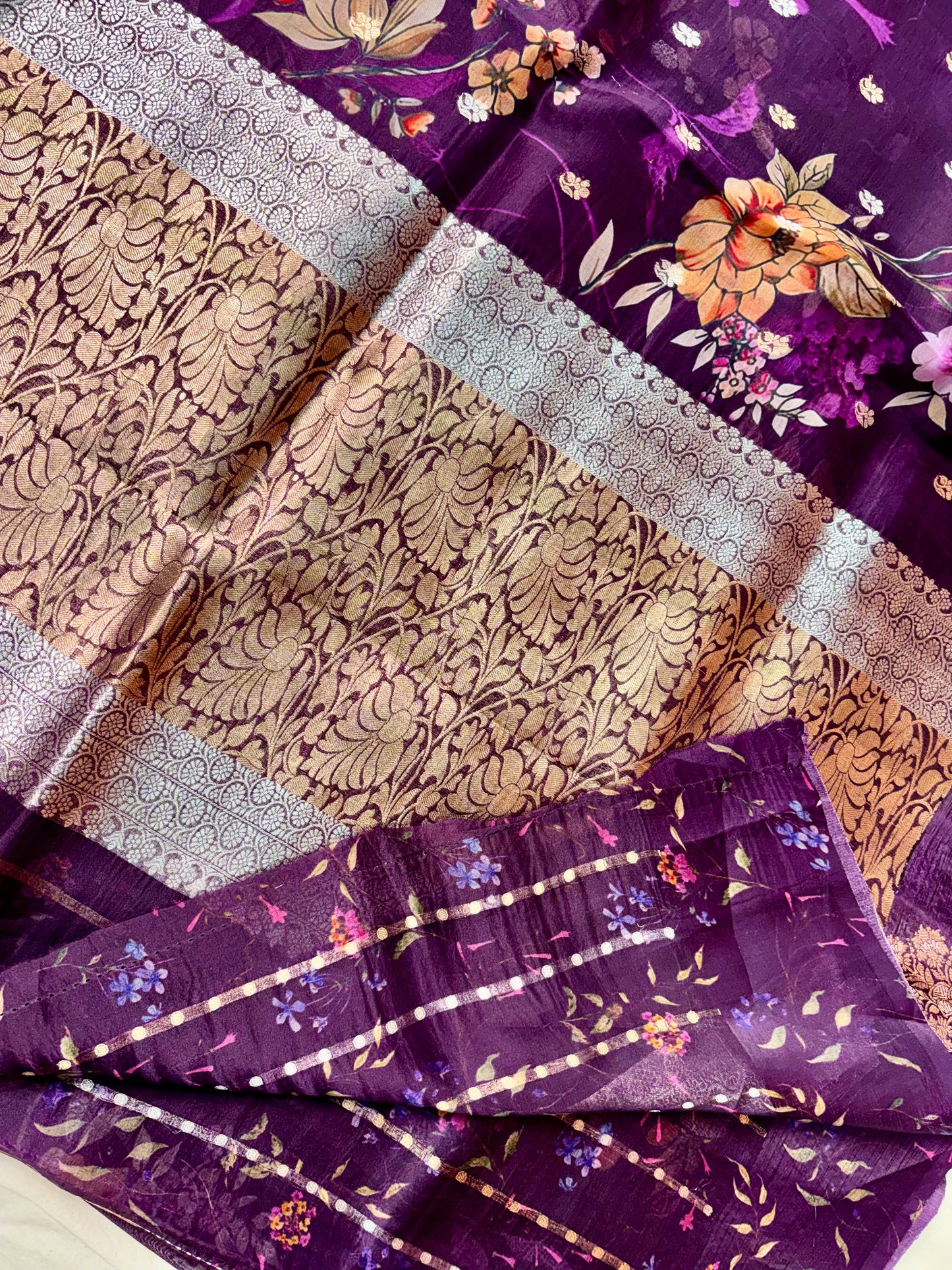 100% Pure Kora Silk Handloom Banarasi Saree – Wine Color | Sona Rupa Kadwa Motifs with Digital Floral Print Pure Kora Organza Silk