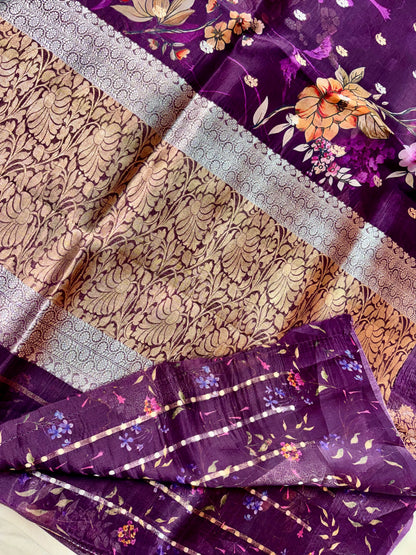 100% Pure Kora Silk Handloom Banarasi Saree – Wine Color | Sona Rupa Kadwa Motifs with Digital Floral Print Pure Kora Organza Silk