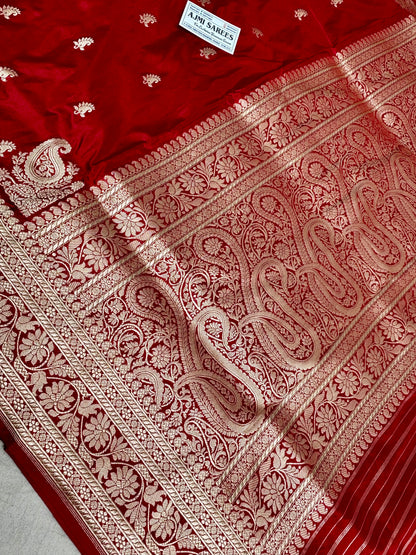 100% Pure Katan Silk Handloom Banarasi Saree – Bloody Red Kadwa Buti with Traditional Koniya Pure Katan Silk Banarasi Saree