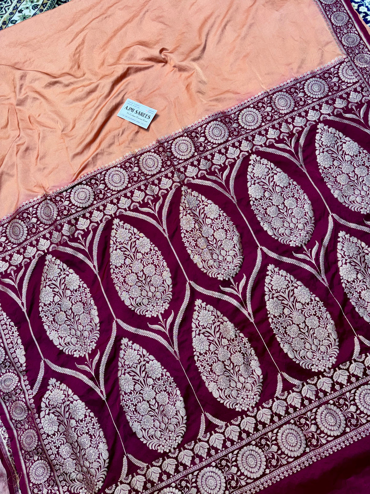 Premium Mashru Katan Silk Banarasi Saree – Copper Body with Contrast Wine Border Banarasi Saree