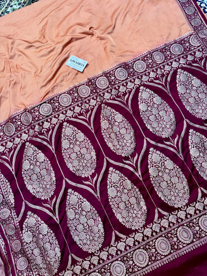 Premium Mashru Katan Silk Banarasi Saree – Copper Body with Contrast Wine Border Banarasi Saree