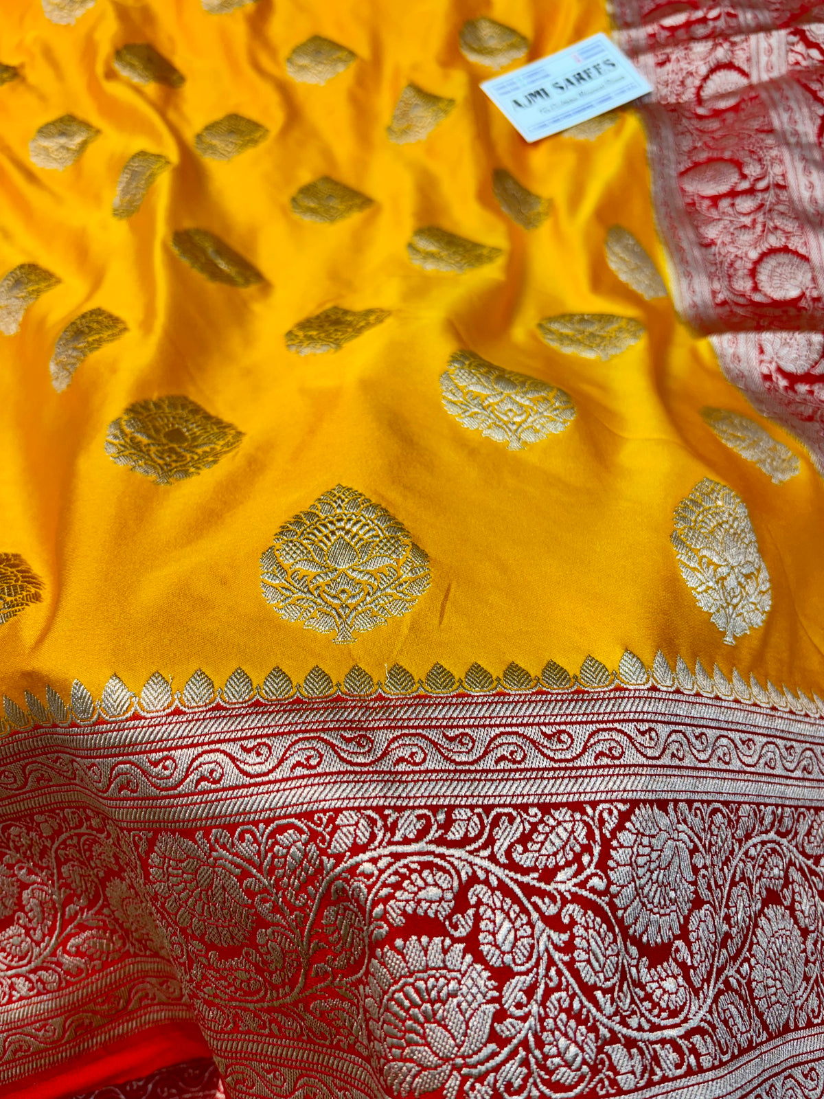 Premium Mashru Katan Silk Banarasi Saree – Golden Yellow with Contrast Red Border Banarasi Saree