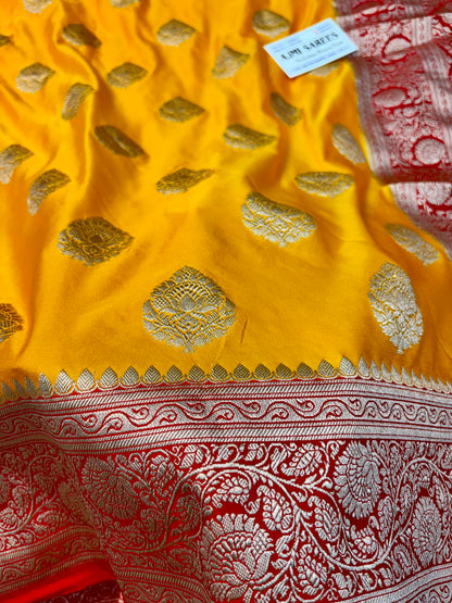Premium Mashru Katan Silk Banarasi Saree – Golden Yellow with Contrast Red Border Banarasi Saree