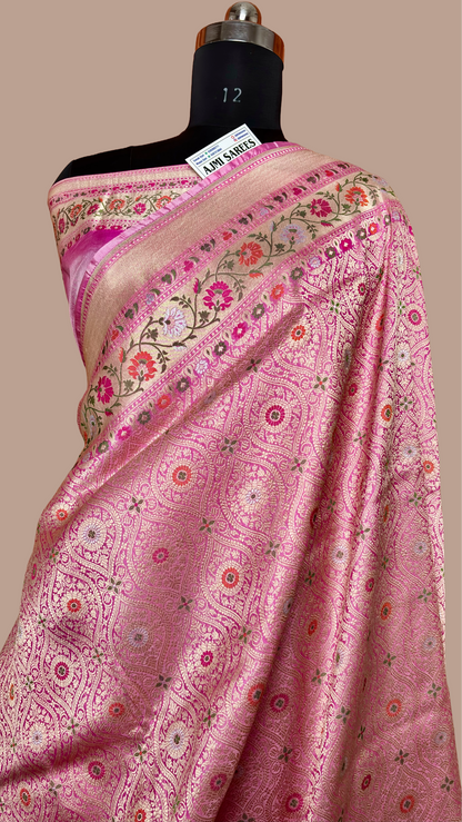 Baby Pink Pure Katan Silk Handloom Banarasi Saree with Tilfi Border
