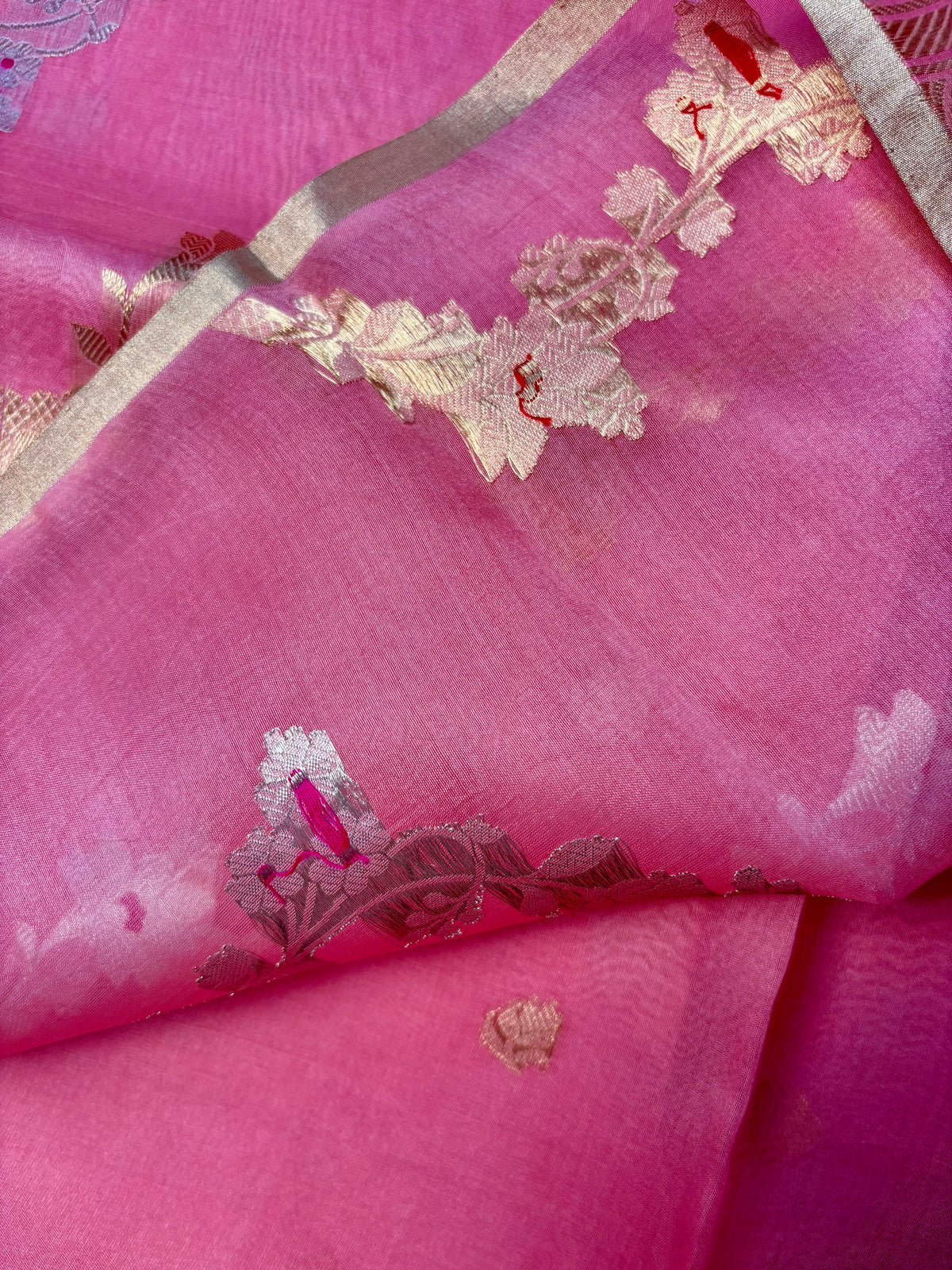 Rani pink striped blouse piece with pure Kora silk Banarasi saree