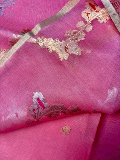 Rani pink striped blouse piece with pure Kora silk Banarasi saree