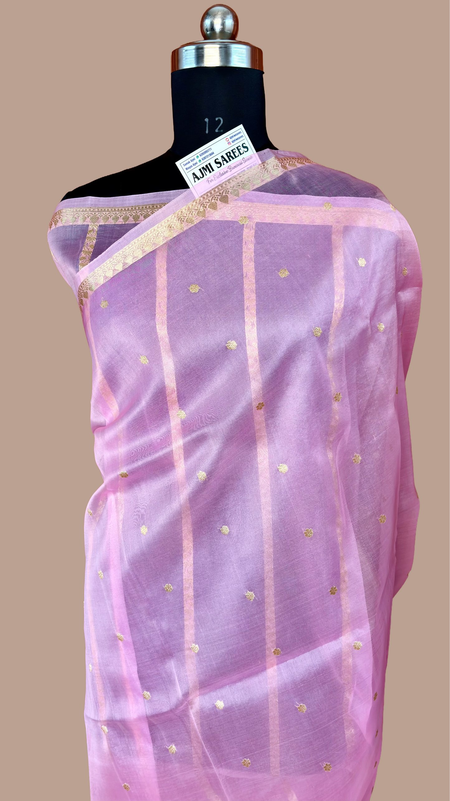 Pure Kora Silk Handloom Banarasi Saree in Peach with 6-Petal Kadwa Zari Motifs Pink Pure Kora Organza Silk