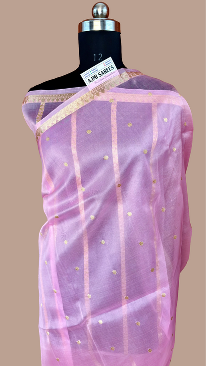 Pure Kora Silk Handloom Banarasi Saree in Peach with 6-Petal Kadwa Zari Motifs Pink Pure Kora Organza Silk