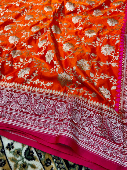 Premium Mashru Katan Silk Banarasi Saree – Orange with Contrast Rani Border Banarasi Saree