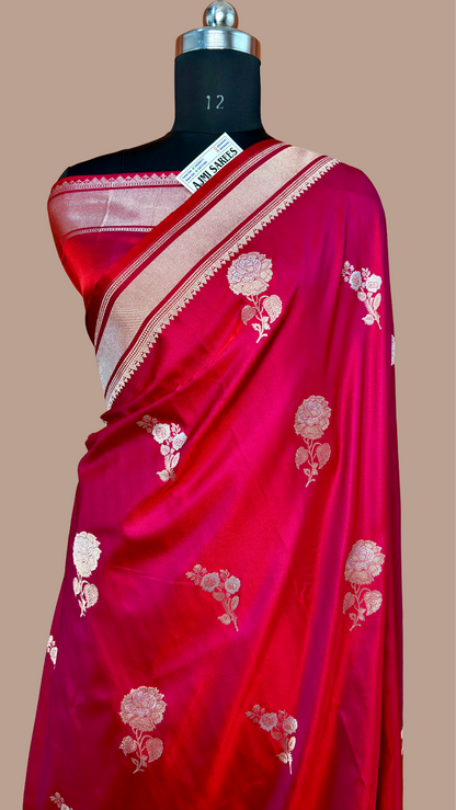 Premium Mashru Katan Silk Banarasi Saree – Dual Tone Red × Magenta | Sona Rupa Butas Banarasi Saree