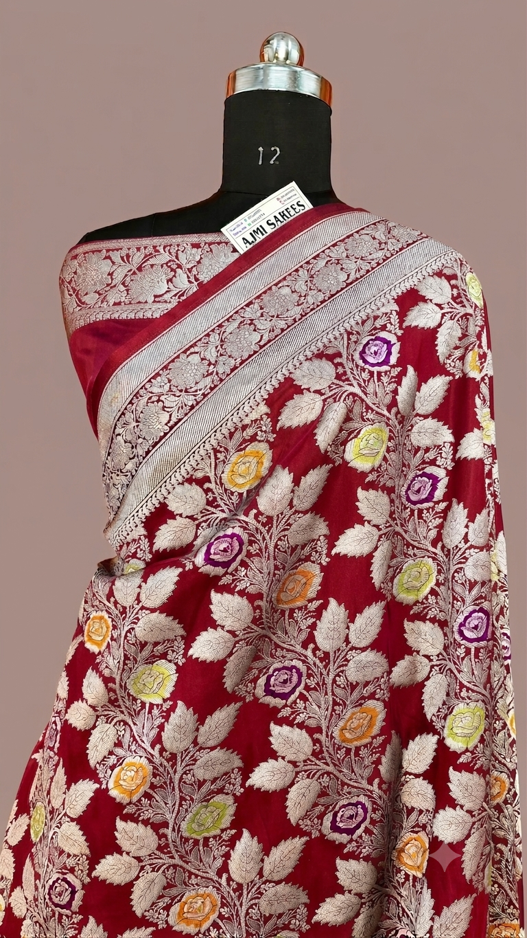 Premium Black Mashru Katan Silk Banarasi Meenakari Saree | Multicolour Floral Jaal