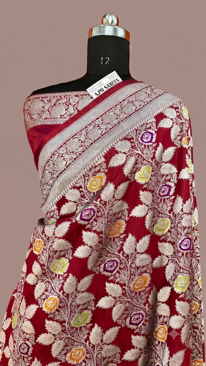 Premium Black Mashru Katan Silk Banarasi Meenakari Saree | Multicolour Floral Jaal