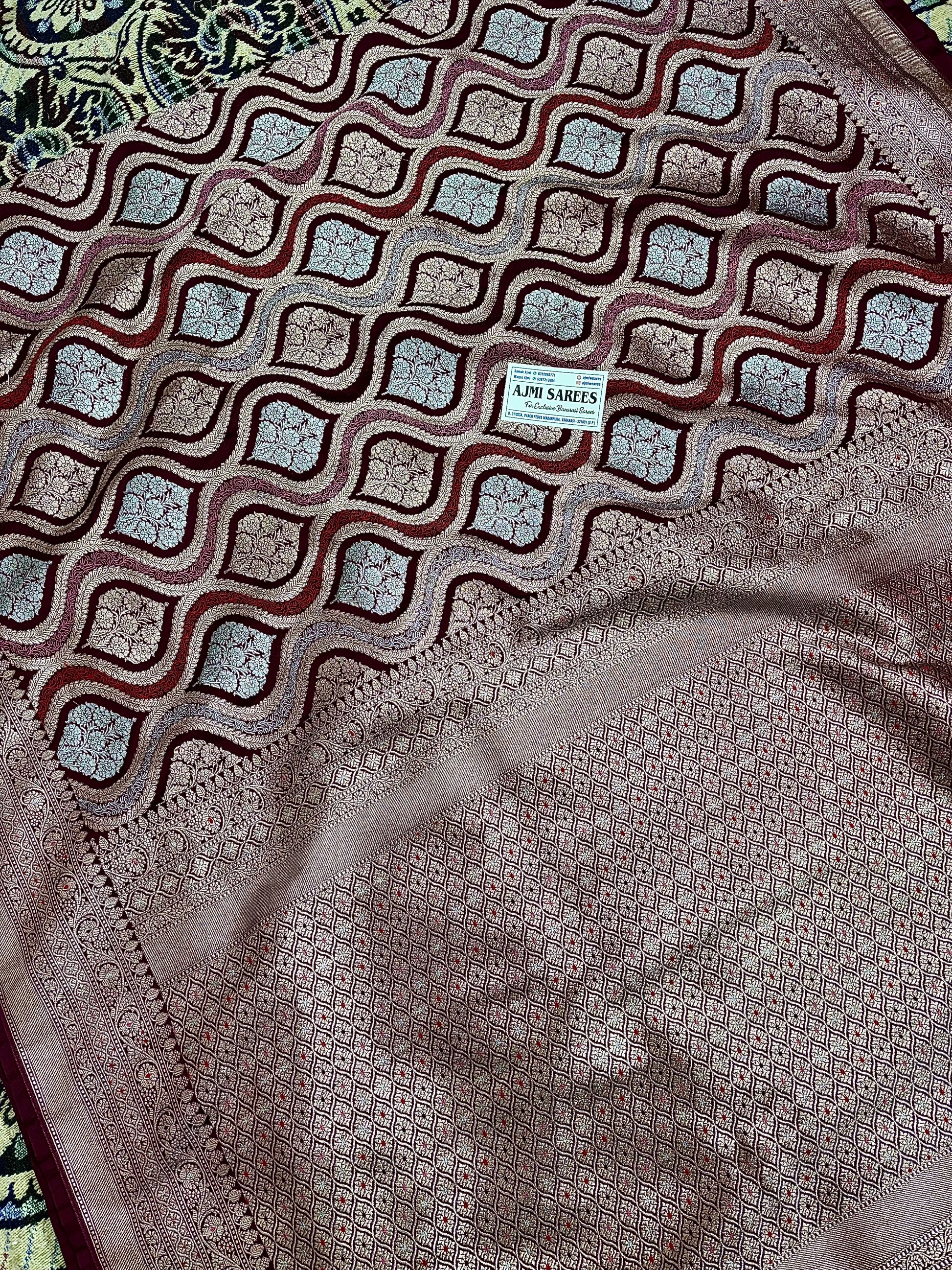Mashru Katan Silk Wine Color Banarasi Saree with Rich Zari Jaal & Meenakari Border Mashru Katan Silk Banarasi Saree