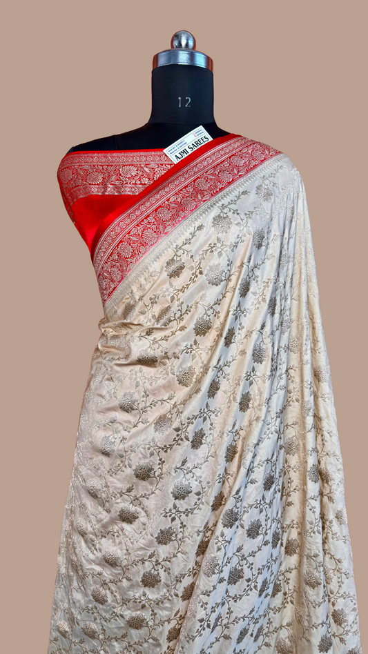 Premium Mashru Katan Silk Banarasi Saree – Off White with Contrast Red Border Banarasi Saree