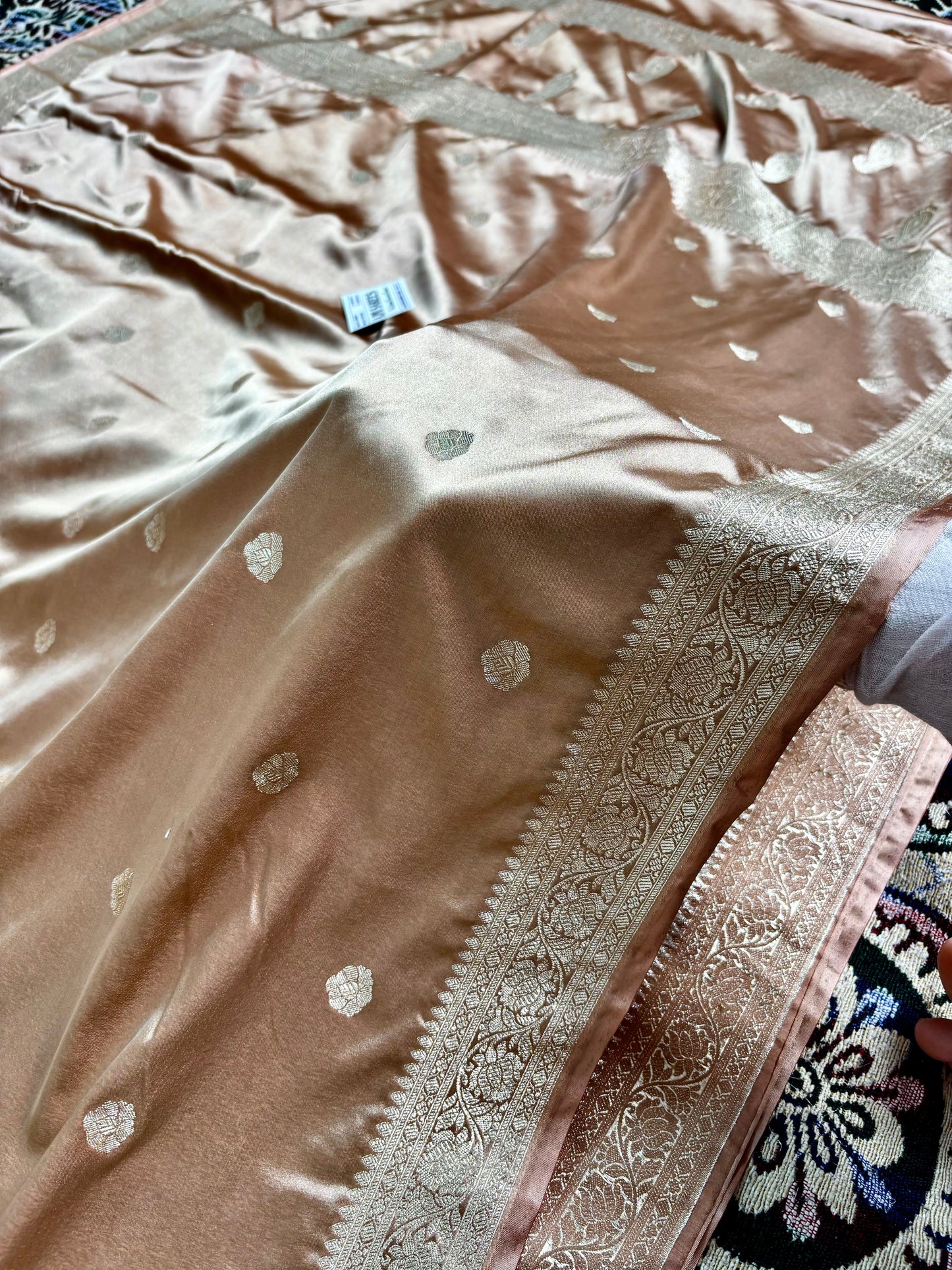 Traditional copper banarasi saree with zari woven border