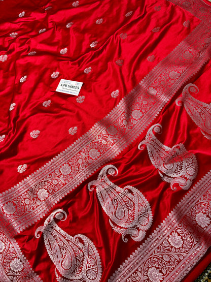 Premium Mashru Katan Silk Banarasi Saree – Deep Red with All-Over Motifs Banarasi Saree