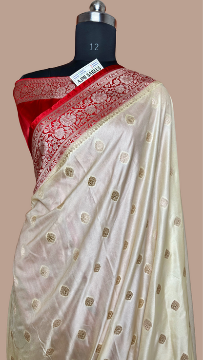 Off White Mashru Katan Silk Banarasi Saree with Contrast Red Floral Border