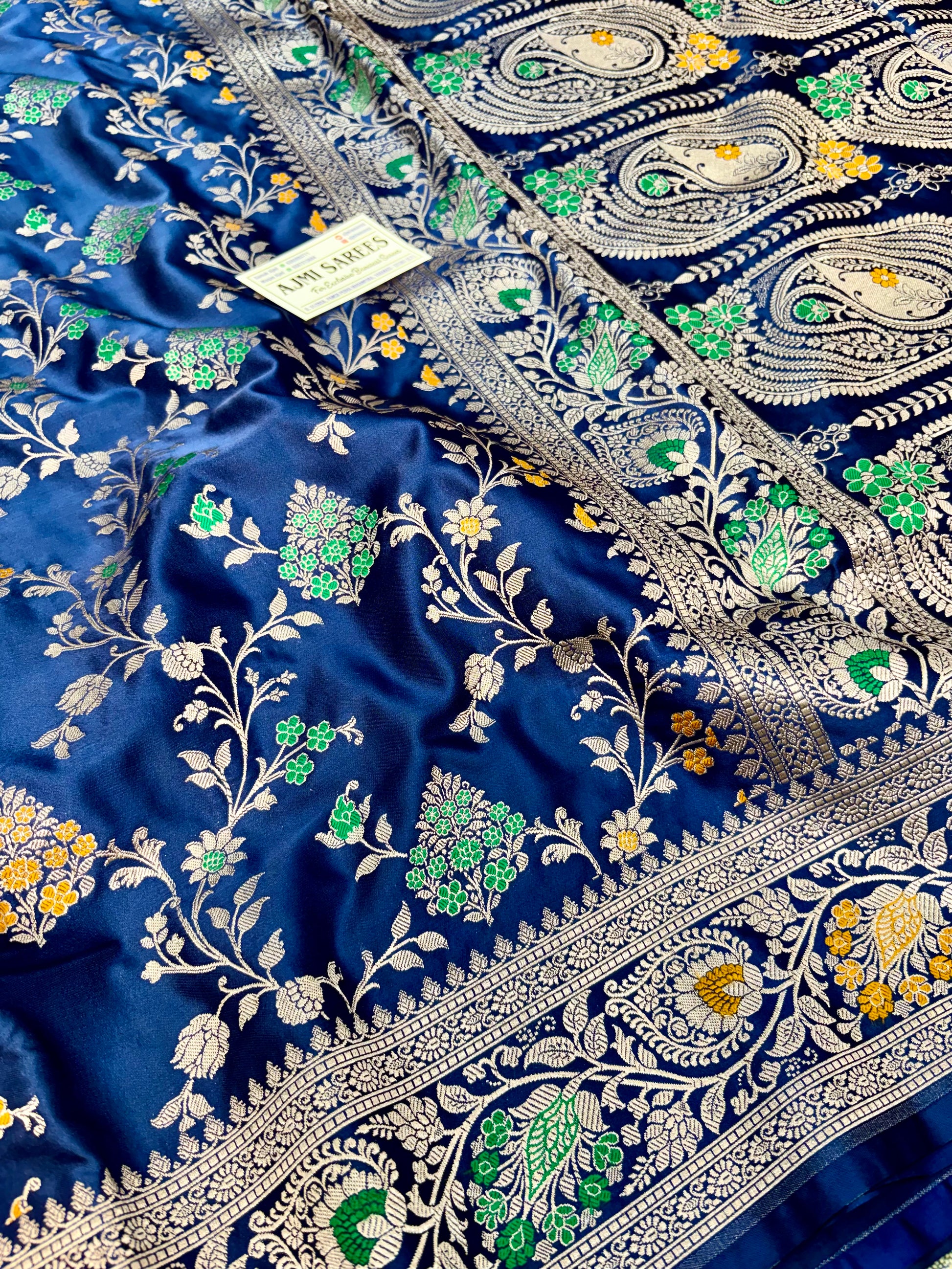 navy blue saree with multicolor meenakari zari work