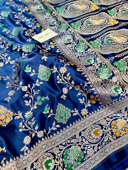 navy blue saree with multicolor meenakari zari work