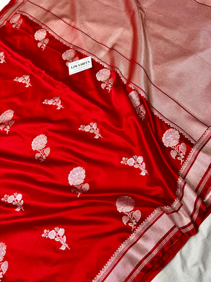 Red Mashru Katan Silk Sona Rupa Buta All Over Banarasi Saree