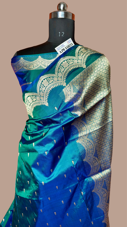 peacock blue pure katan silk banarasi saree all over kadwa motifs