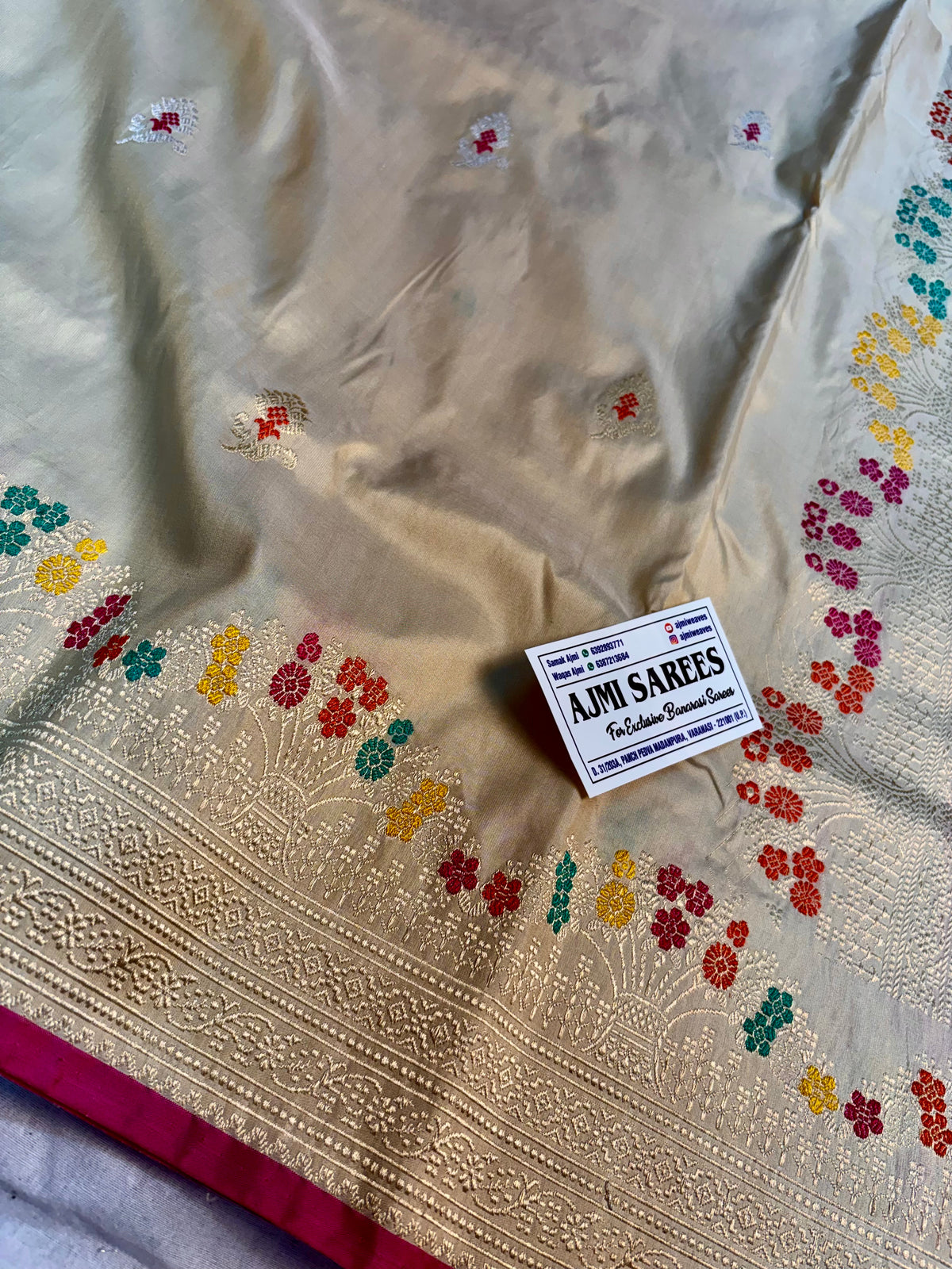 Beige Banarasi silk saree with multicolour Kadwa Meenakari motifs