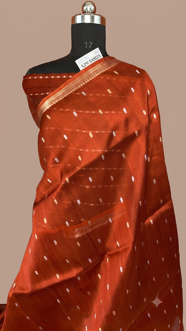 100% Pure Kora Silk Handloom Banarasi Saree – Royal Blue with All Over Kadwa Sona Rupa Motifs Rust Orange Pure Kora Organza Silk
