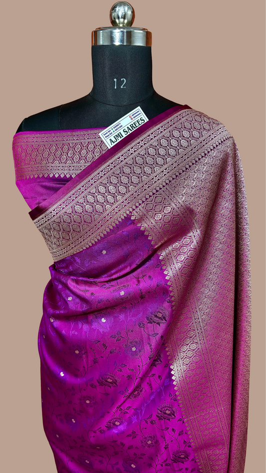 Mashru Katan Silk Rani & Magenta Dual Shade Banarasi Saree with Rich Gold Zari Border and Floral Weaving Mashru Katan Silk Banarasi Saree