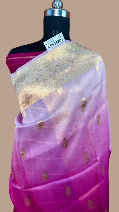 pure kora silk handloom banarasi saree rani pink powder purple kadwa motifs