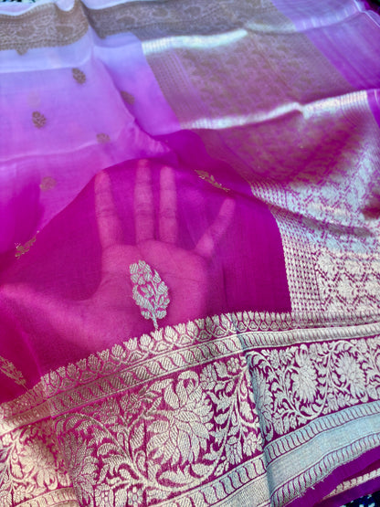 dual shade rani pink powder purple pure kora silk banarasi saree handloom