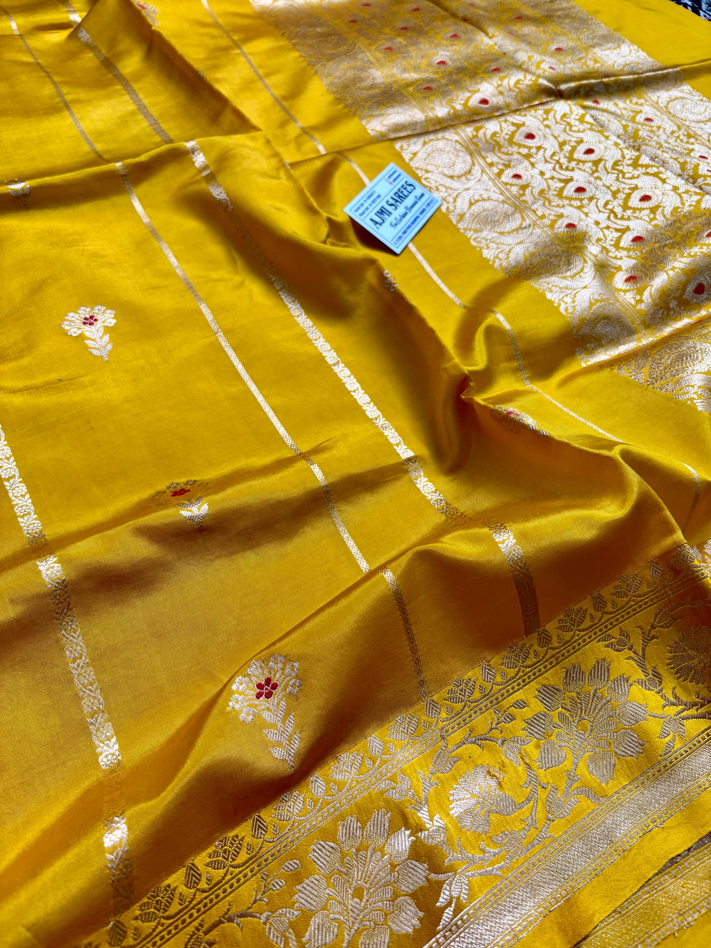 goldish mustard mango silk banarasi saree handwoven kadwa buta design