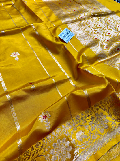 goldish mustard mango silk banarasi saree handwoven kadwa buta design