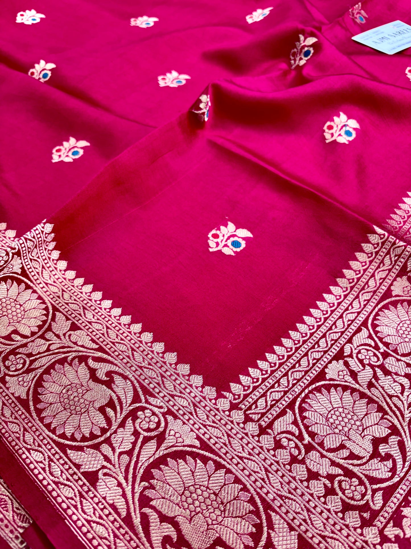 Cherry red mango silk handloom Banarasi saree with kadwa meenakari motifs