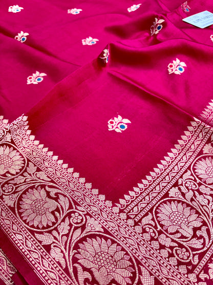 Cherry red mango silk handloom Banarasi saree with kadwa meenakari motifs