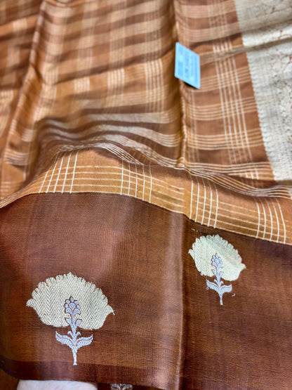 mustard gold mango silk banarasi saree with checks