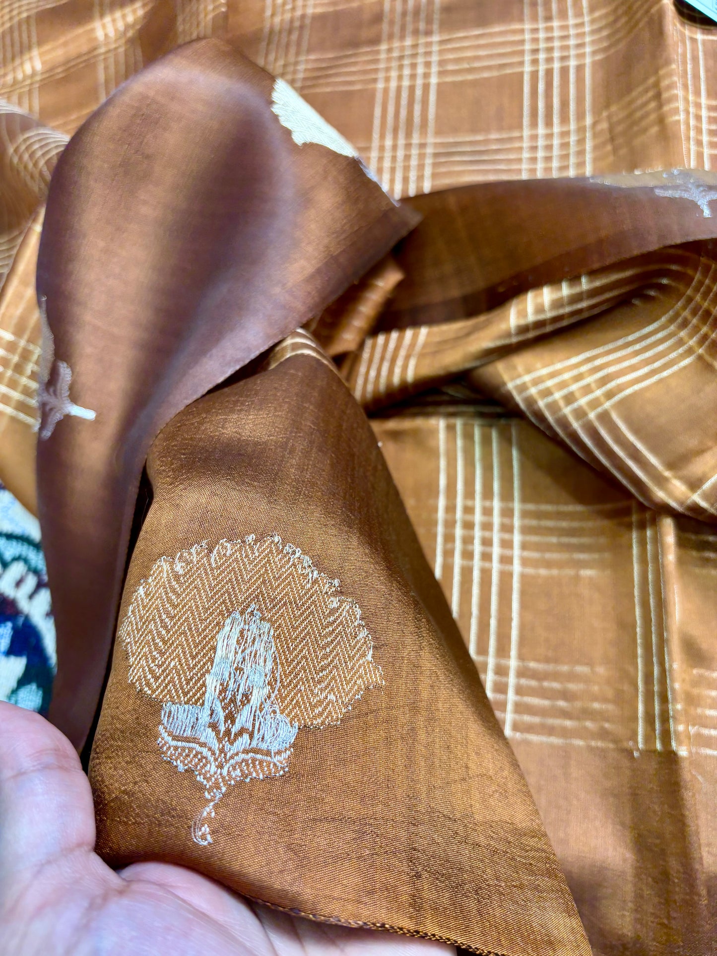 traditional mustard silk saree with check pattern