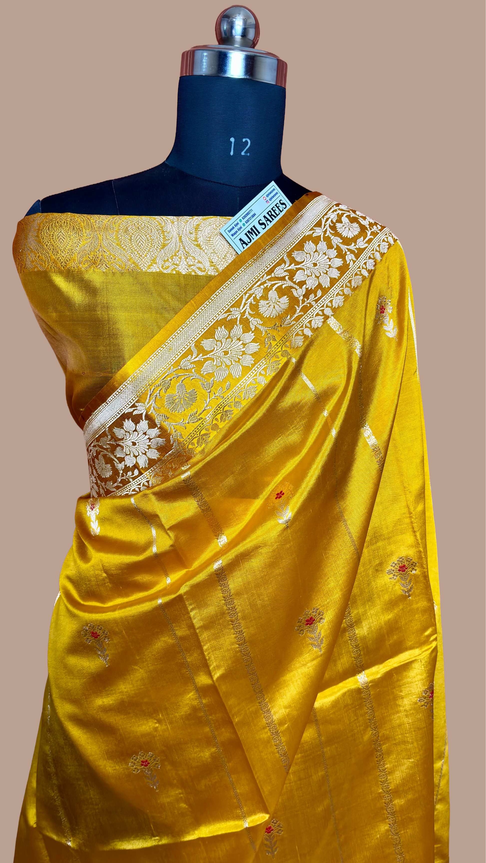 pure mango silk handloom banarasi saree goldish mustard kadwa meenakari motifs