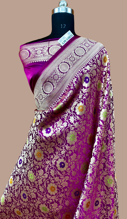 Mashru Katan Silk Dual Tone Magenta Banarasi Saree with Heavy Gold Zari Floral Jaal Work Mashru Katan Silk Banarasi Saree
