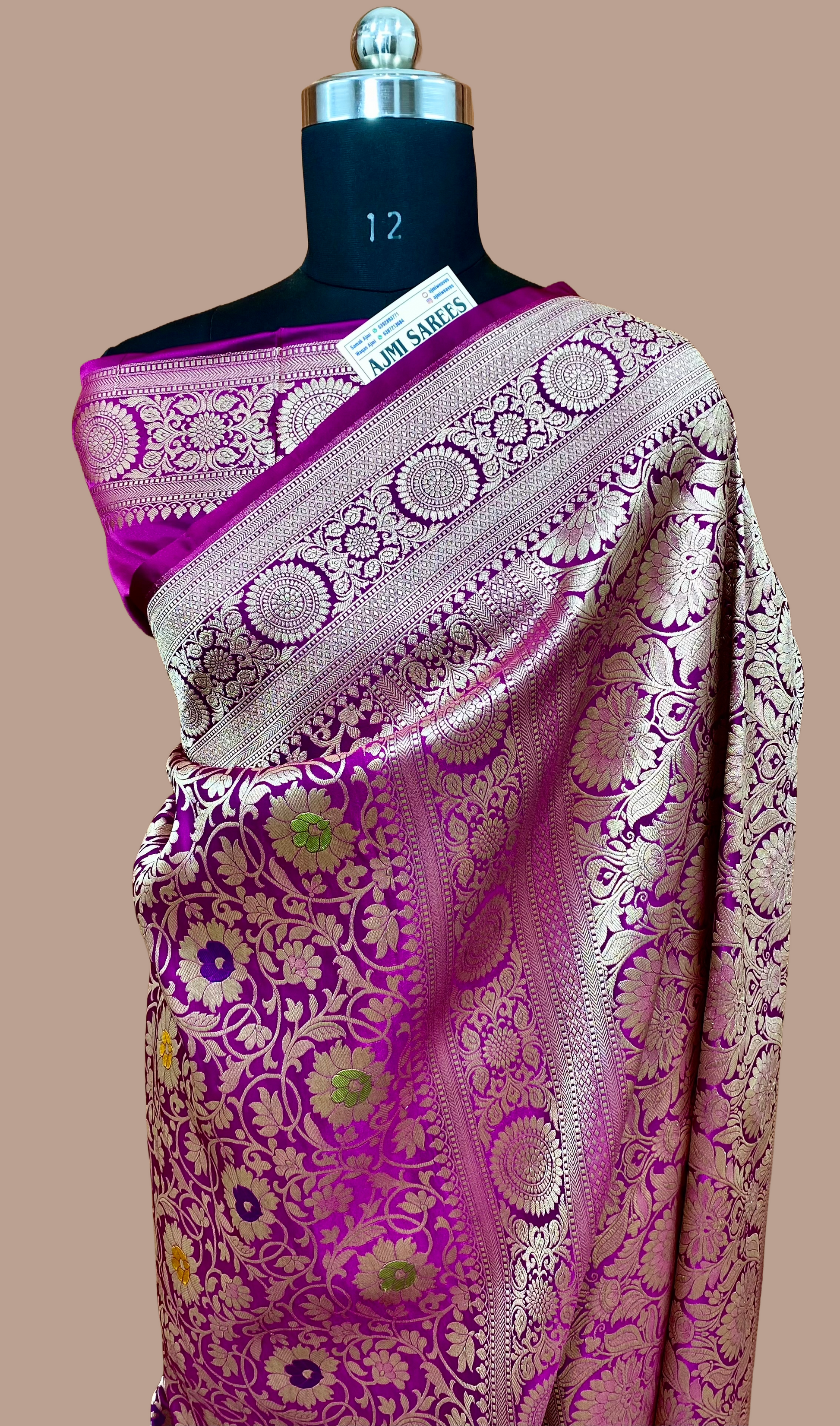 Mashru Katan Silk Dual Tone Magenta Banarasi Saree with Heavy Gold Zari Floral Jaal Work Mashru Katan Silk Banarasi Saree