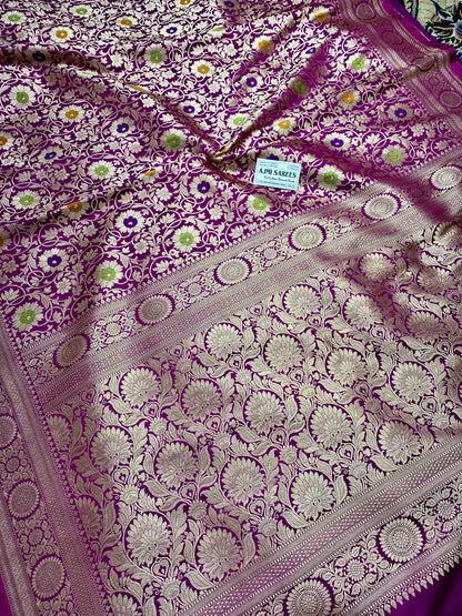 Mashru Katan Silk Dual Tone Magenta Banarasi Saree with Heavy Gold Zari Floral Jaal Work Mashru Katan Silk Banarasi Saree