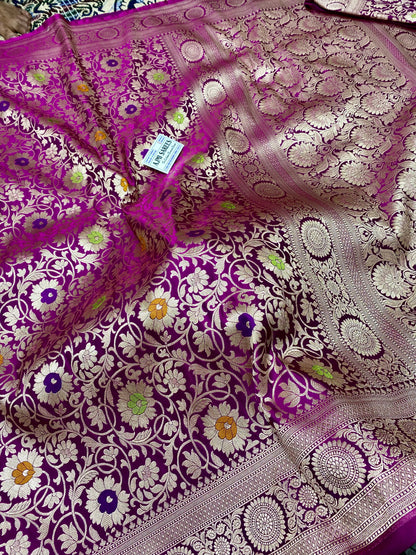 Mashru Katan Silk Dual Tone Magenta Banarasi Saree with Heavy Gold Zari Floral Jaal Work Mashru Katan Silk Banarasi Saree