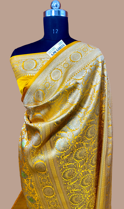 Luxury Mashru Katan Silk Mustard Yellow Banarasi Saree with Intricate Gold Zari Weaving Mashru Katan Silk Banarasi Saree