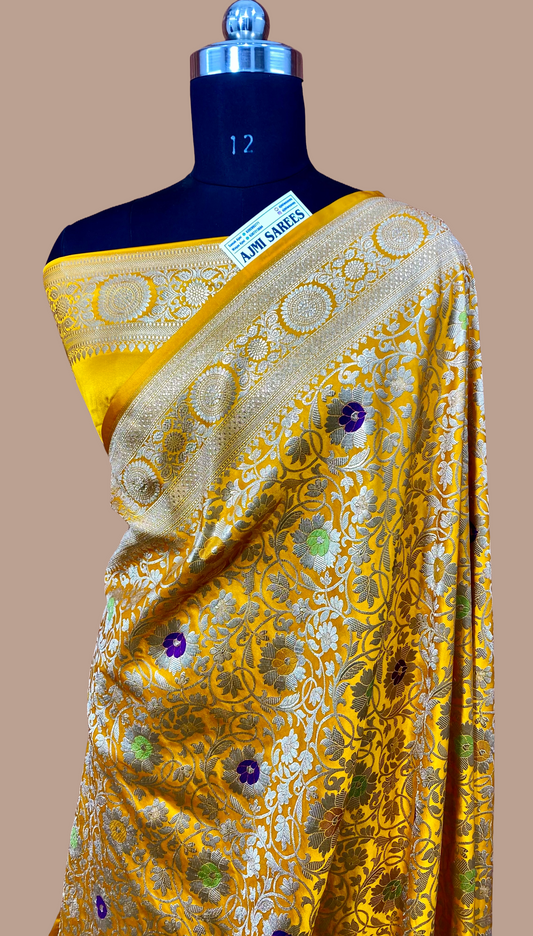 Luxury Mashru Katan Silk Mustard Yellow Banarasi Saree with Intricate Gold Zari Weaving Mashru Katan Silk Banarasi Saree