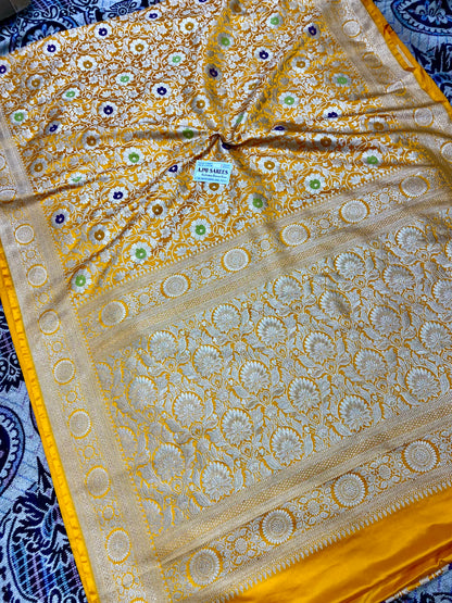 Luxury Mashru Katan Silk Mustard Yellow Banarasi Saree with Intricate Gold Zari Weaving Mashru Katan Silk Banarasi Saree